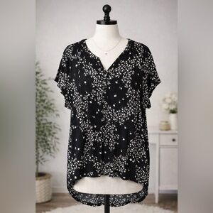 Liz Claiborne Black White Floral High Low Blouse V Neck Short Sleeve Womens 2XL
